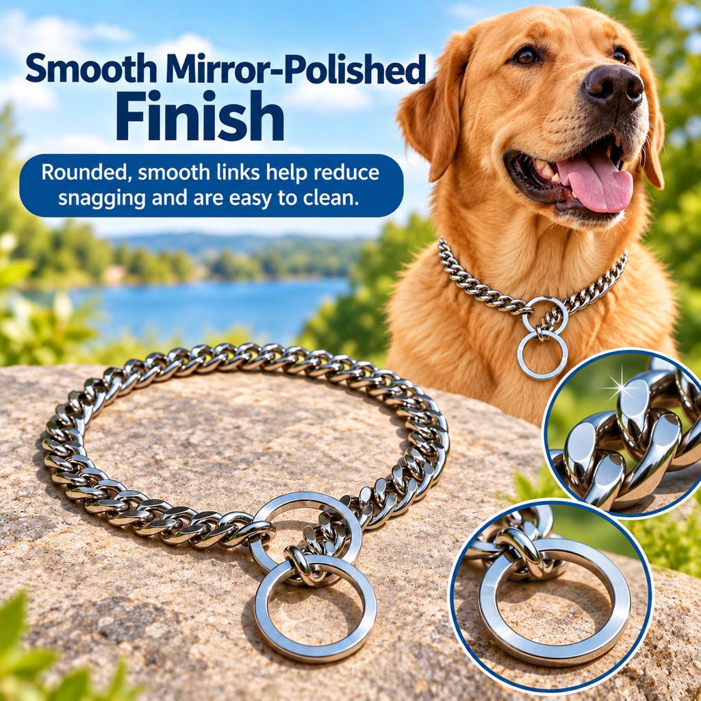 Smooth mirror-polished finish on stainless steel dog collar links