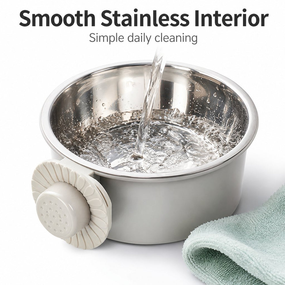 Crate-mounted stainless steel pet bowl for dogs and cats