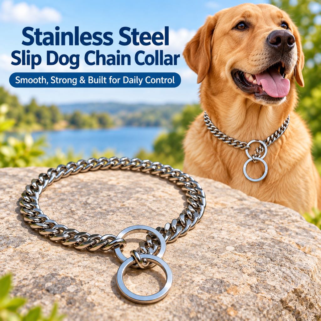 Stainless steel slip chain dog collar with two-ring design