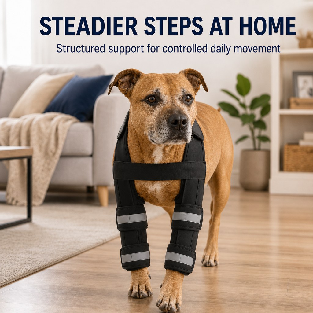 Dog front leg brace for steadier supervised steps at home