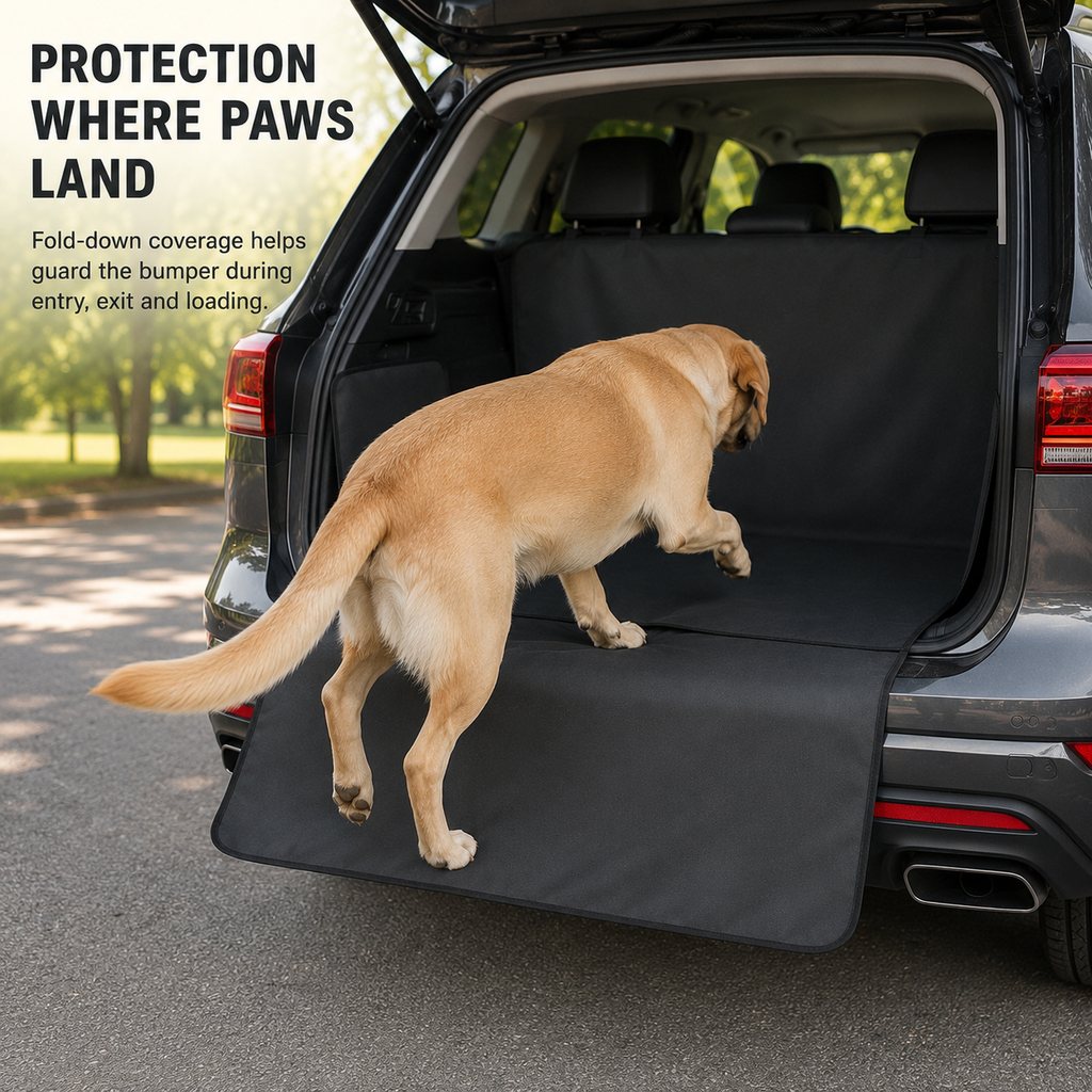 SUV cargo liner fold down bumper protection for dog entry