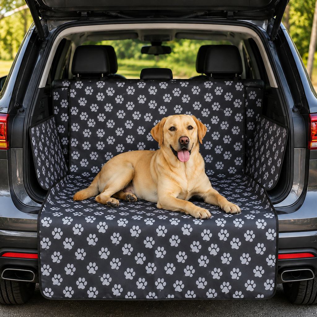 Black SUV dog cargo liner with gray paw print pattern and fold-down bumper guard