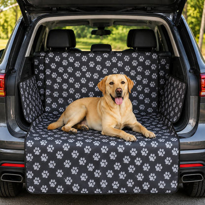 Black SUV dog cargo liner with gray paw print pattern and fold-down bumper guard
