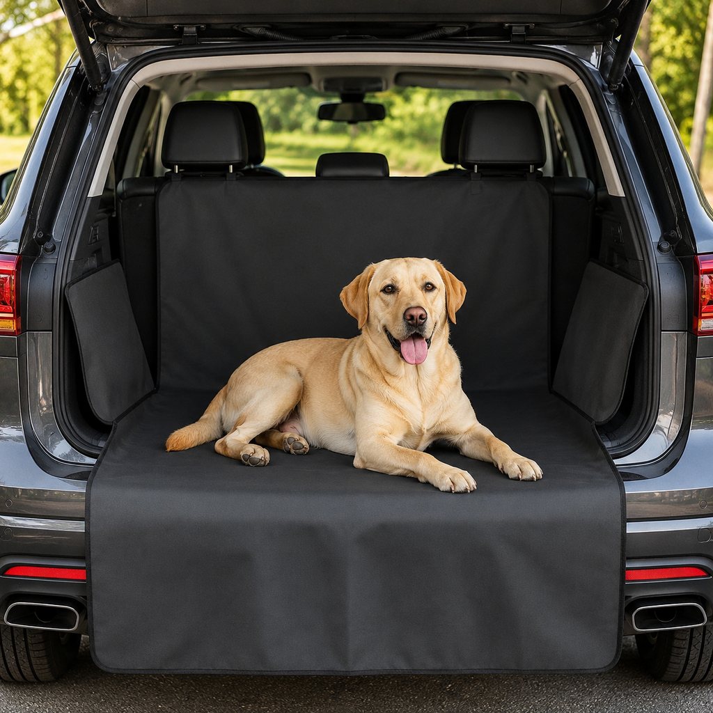 Solid black SUV cargo liner for dogs covering trunk floor and bumper