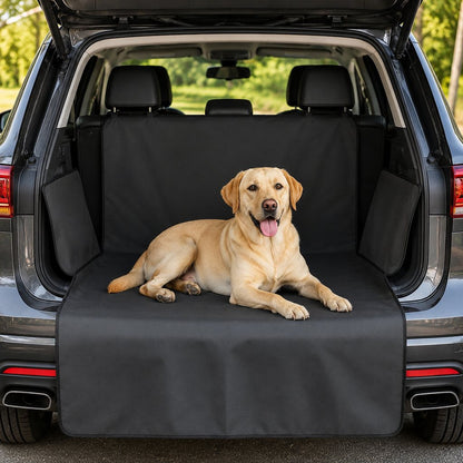 Solid black SUV cargo liner for dogs covering trunk floor and bumper