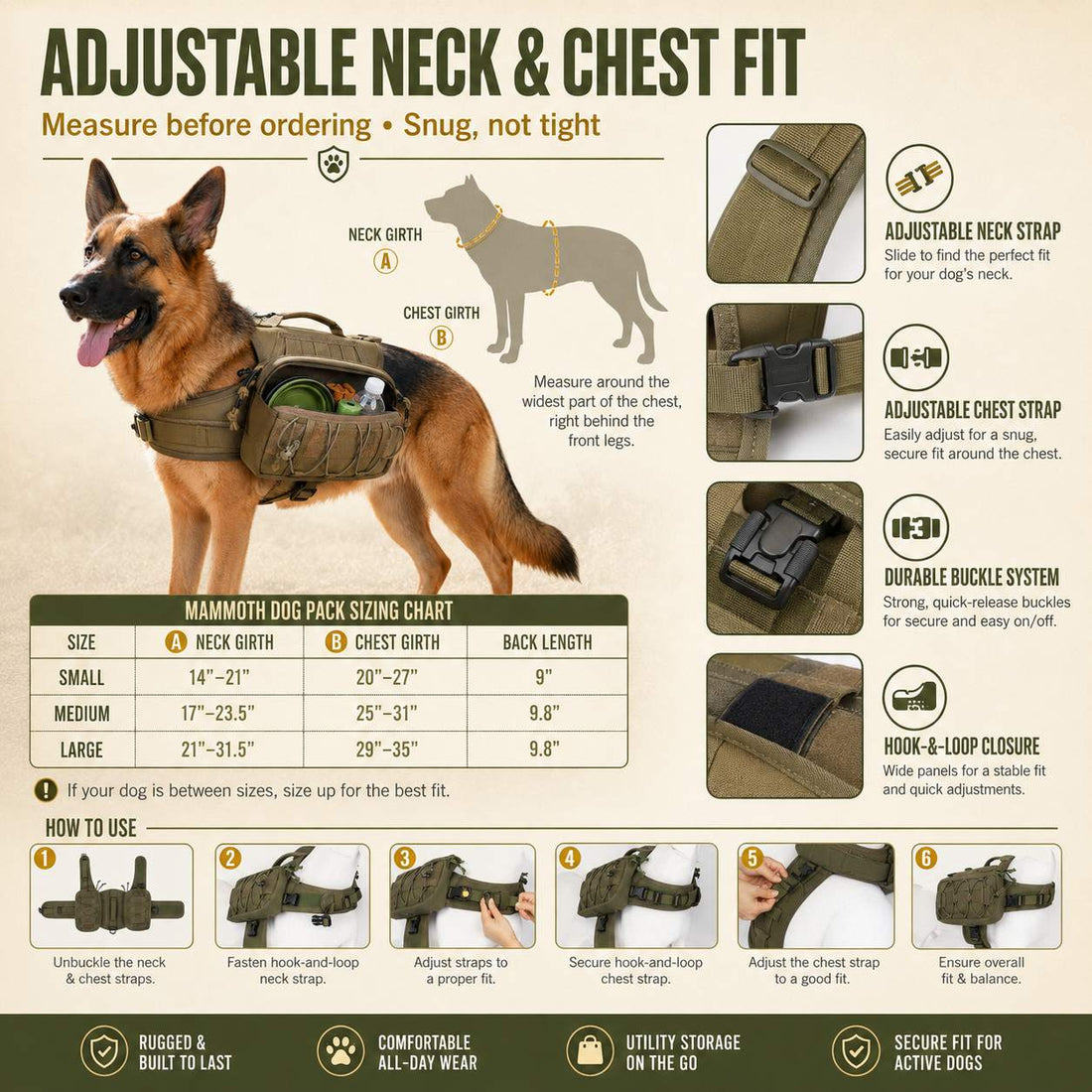 Adjustable neck and chest straps on dog backpack harness for secure fit