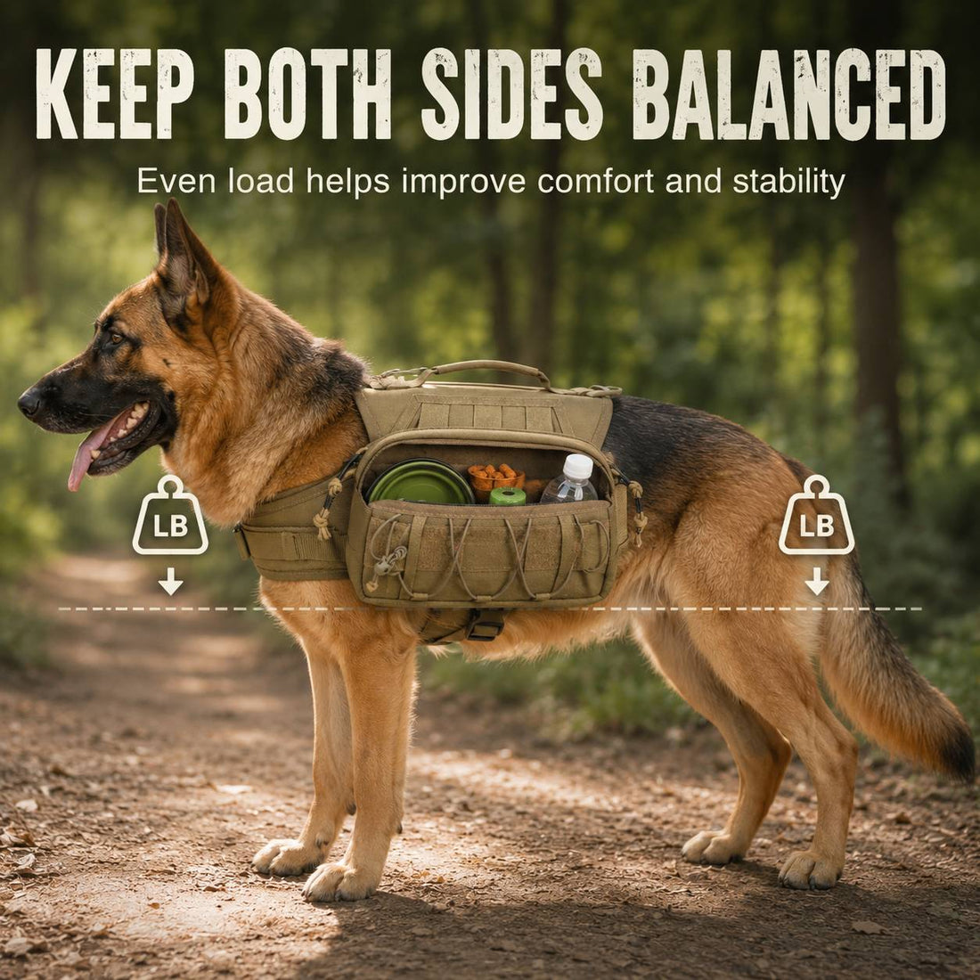 Balanced dog backpack harness fit with side pouches evenly loaded