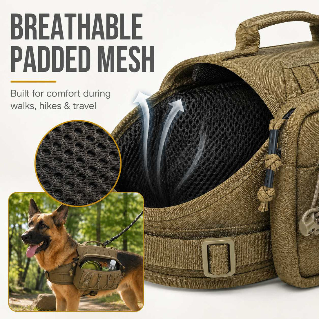 Breathable padded mesh lining on dog backpack harness for outdoor comfort