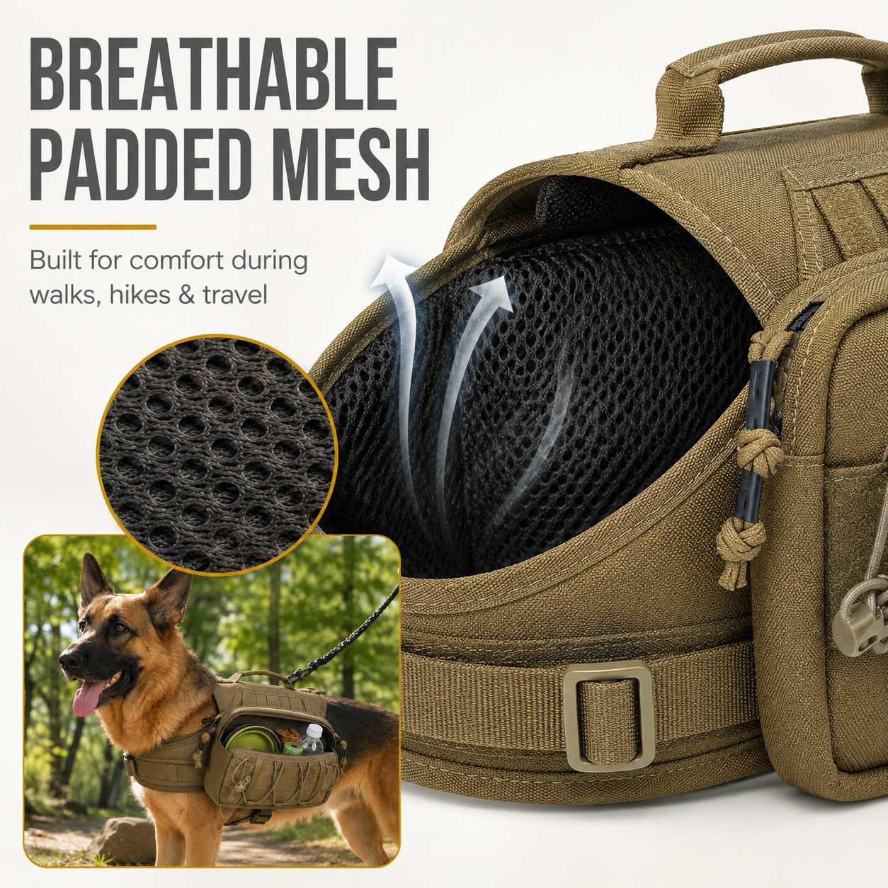 Breathable padded mesh lining on dog backpack harness for outdoor comfort