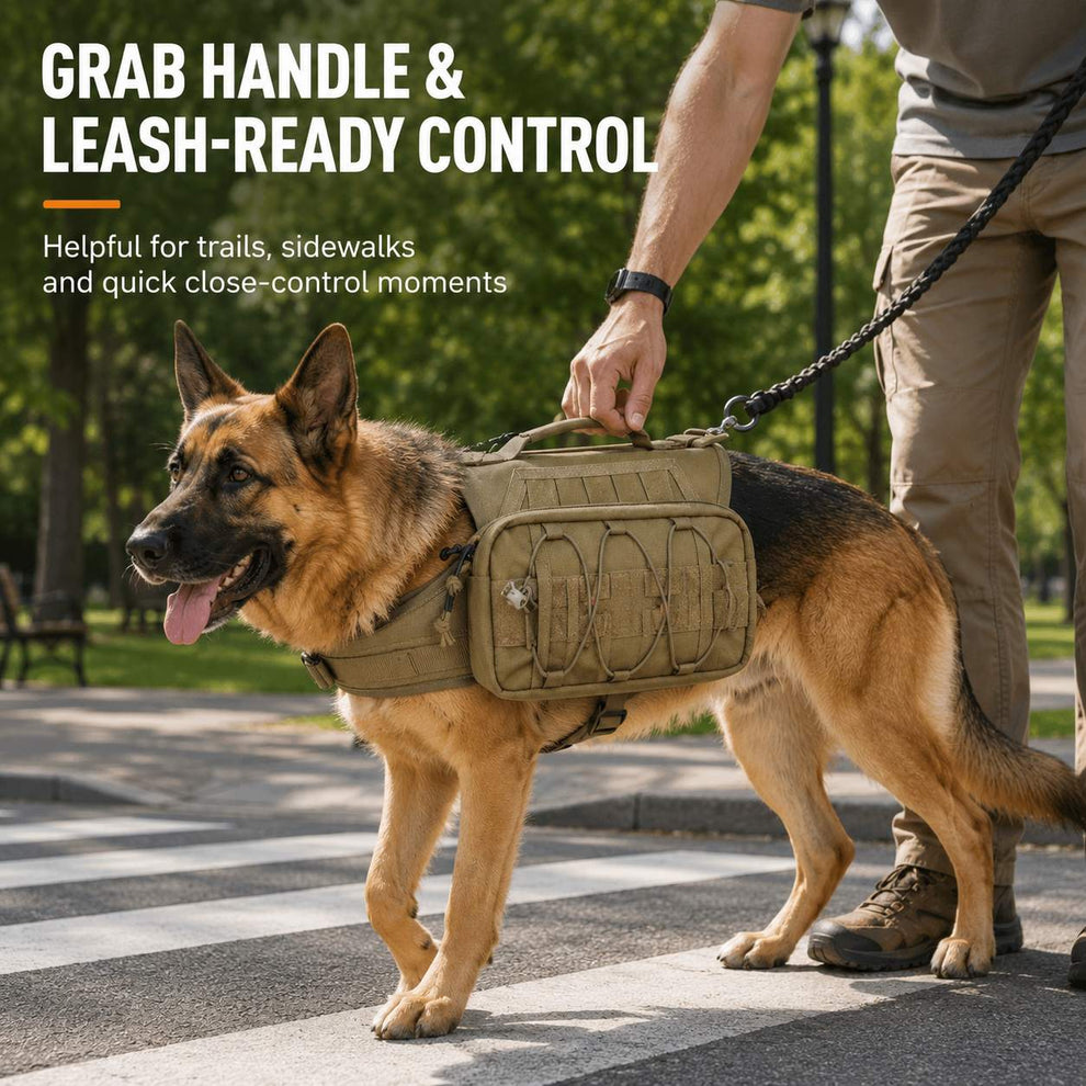 Dog wearing backpack harness at campsite with outdoor essentials