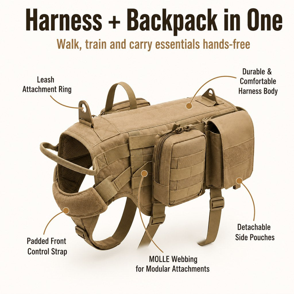 Two in one dog harness and backpack with detachable side pouches