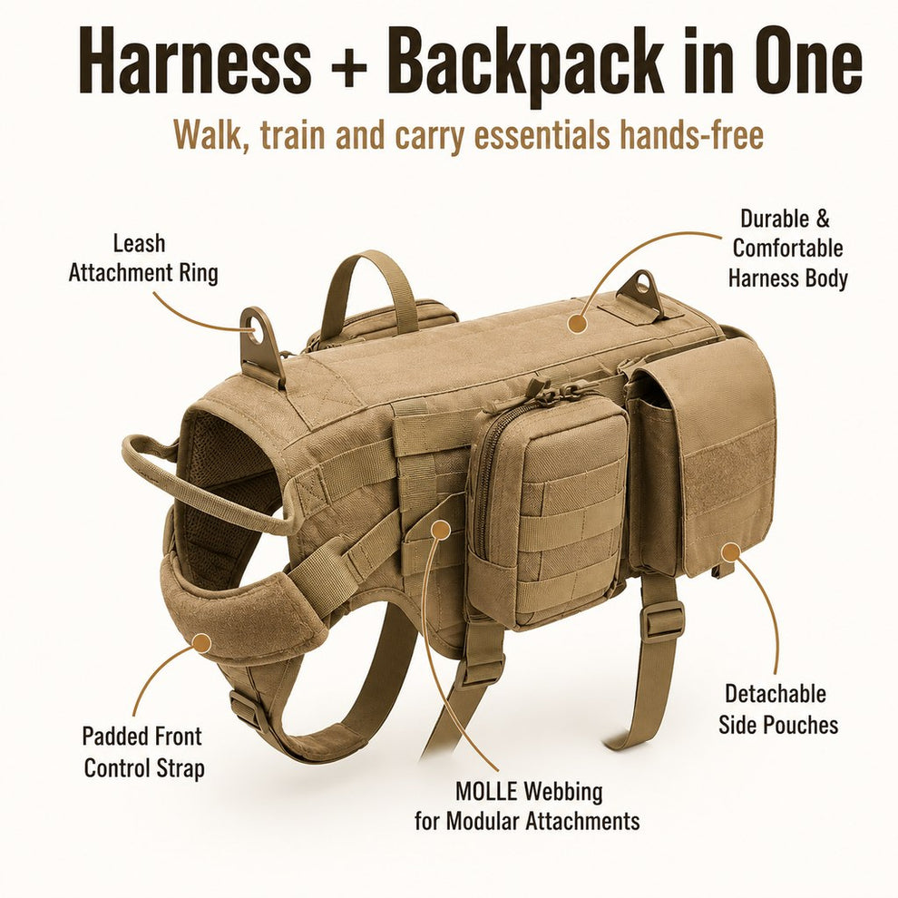 Two in one dog harness and backpack with detachable side pouches