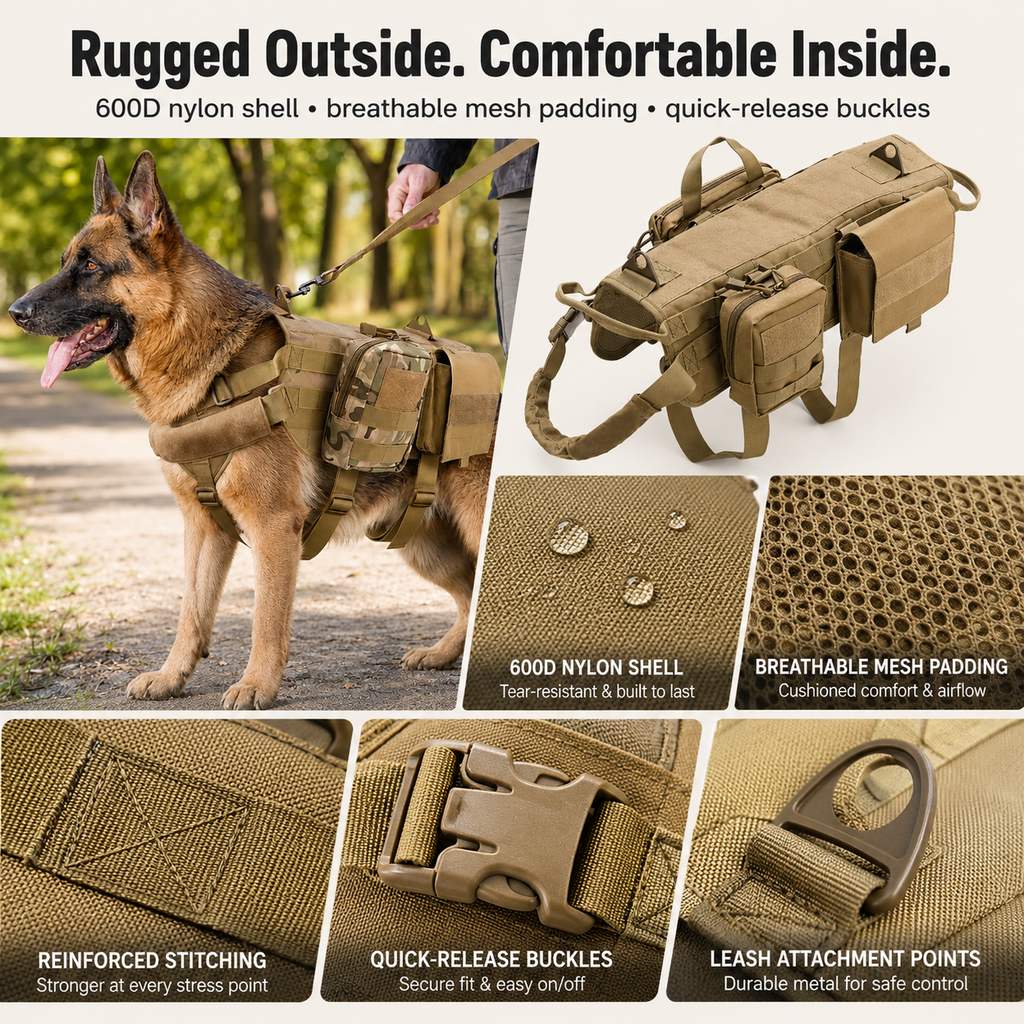 600D nylon dog harness with breathable mesh padding and quick release buckles