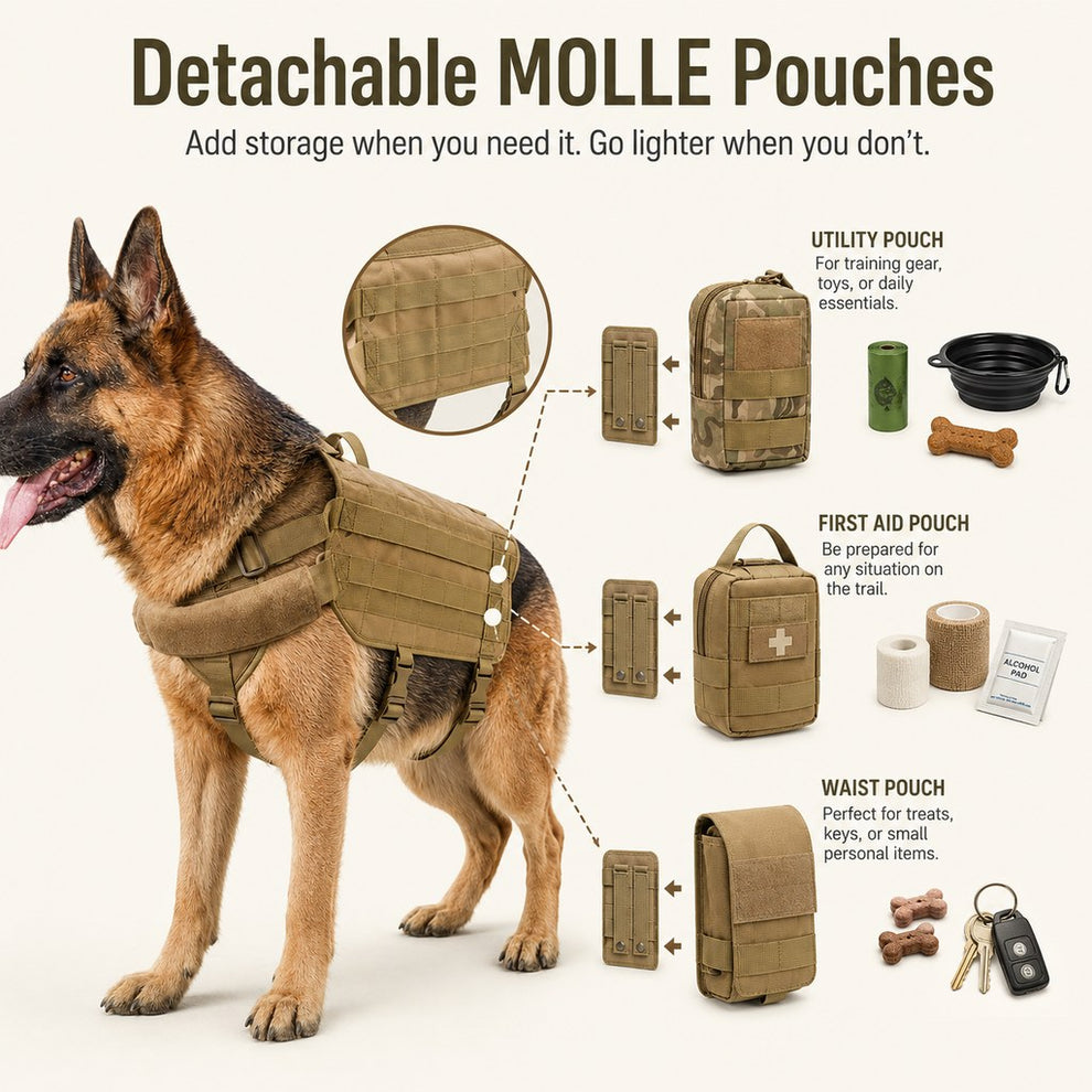 Detachable MOLLE style pouches for dog treats poop bags bowl and small gear
