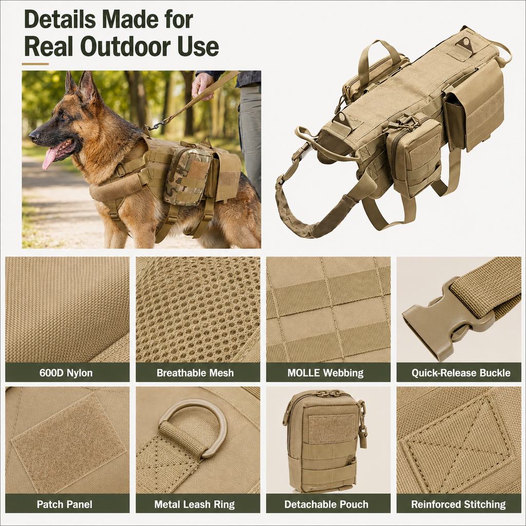 Outdoor dog backpack harness details including D ring mesh buckle handle and pouch panels