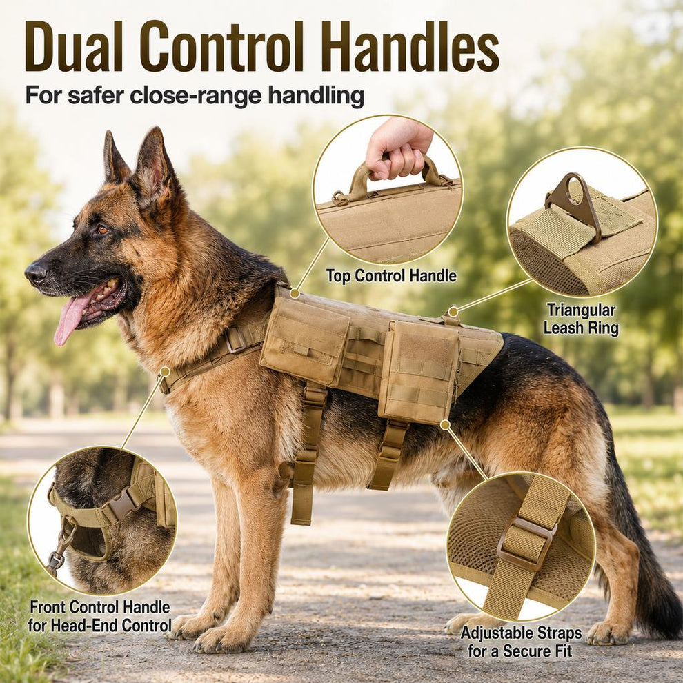 Dual control handles on tactical dog backpack harness for close range handling