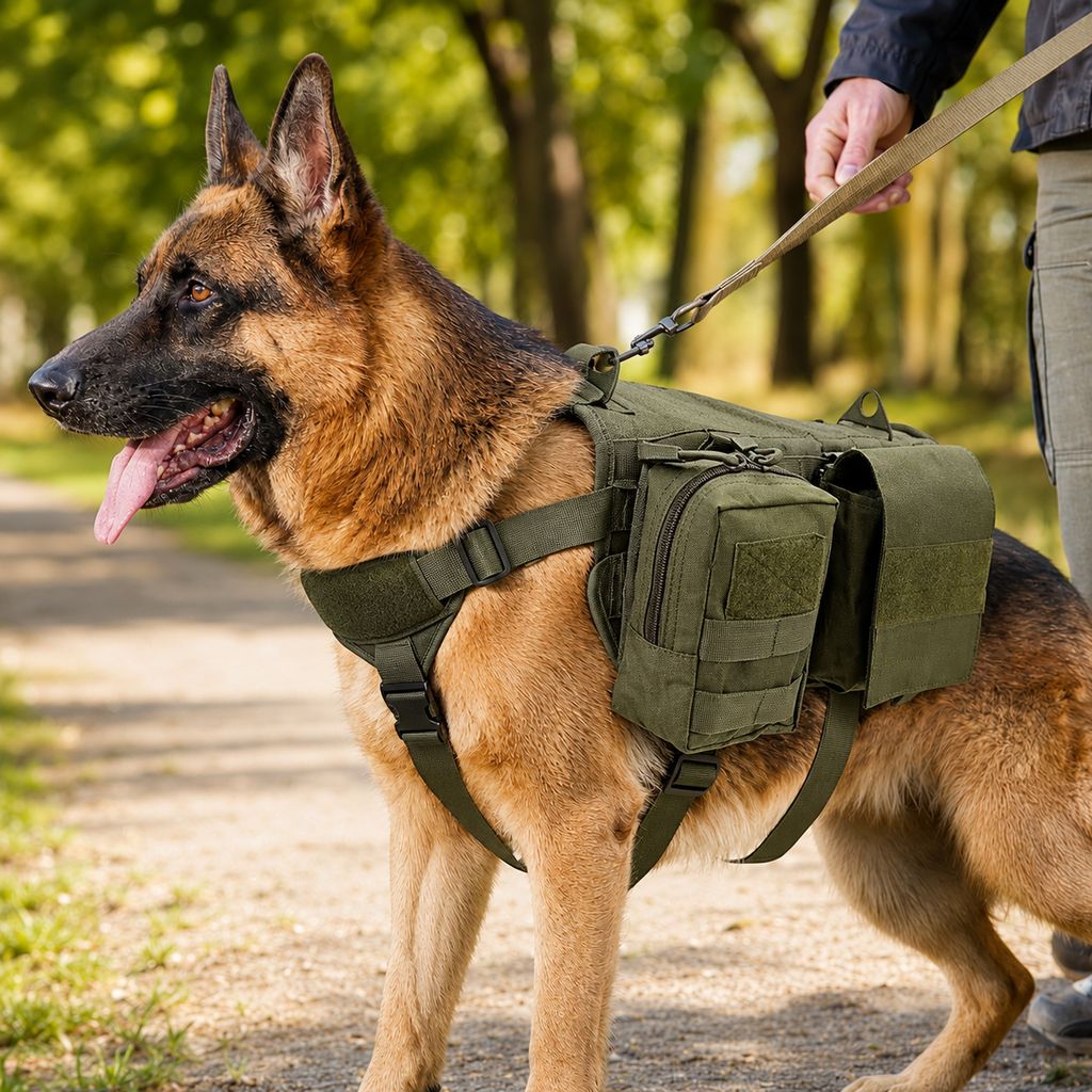 Army Green full pack set tactical dog backpack harness with side pouches