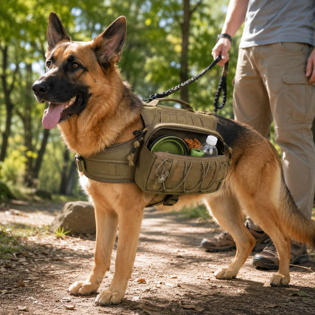 Khaki tactical dog backpack harness with side pouches for hiking and daily walks