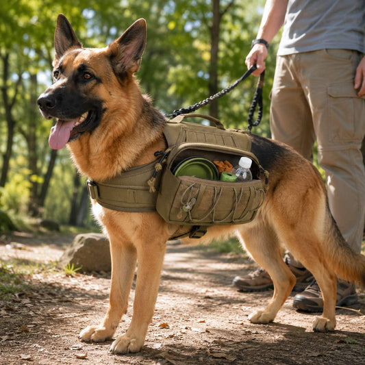 Khaki tactical dog backpack harness with side pouches for hiking and daily walks