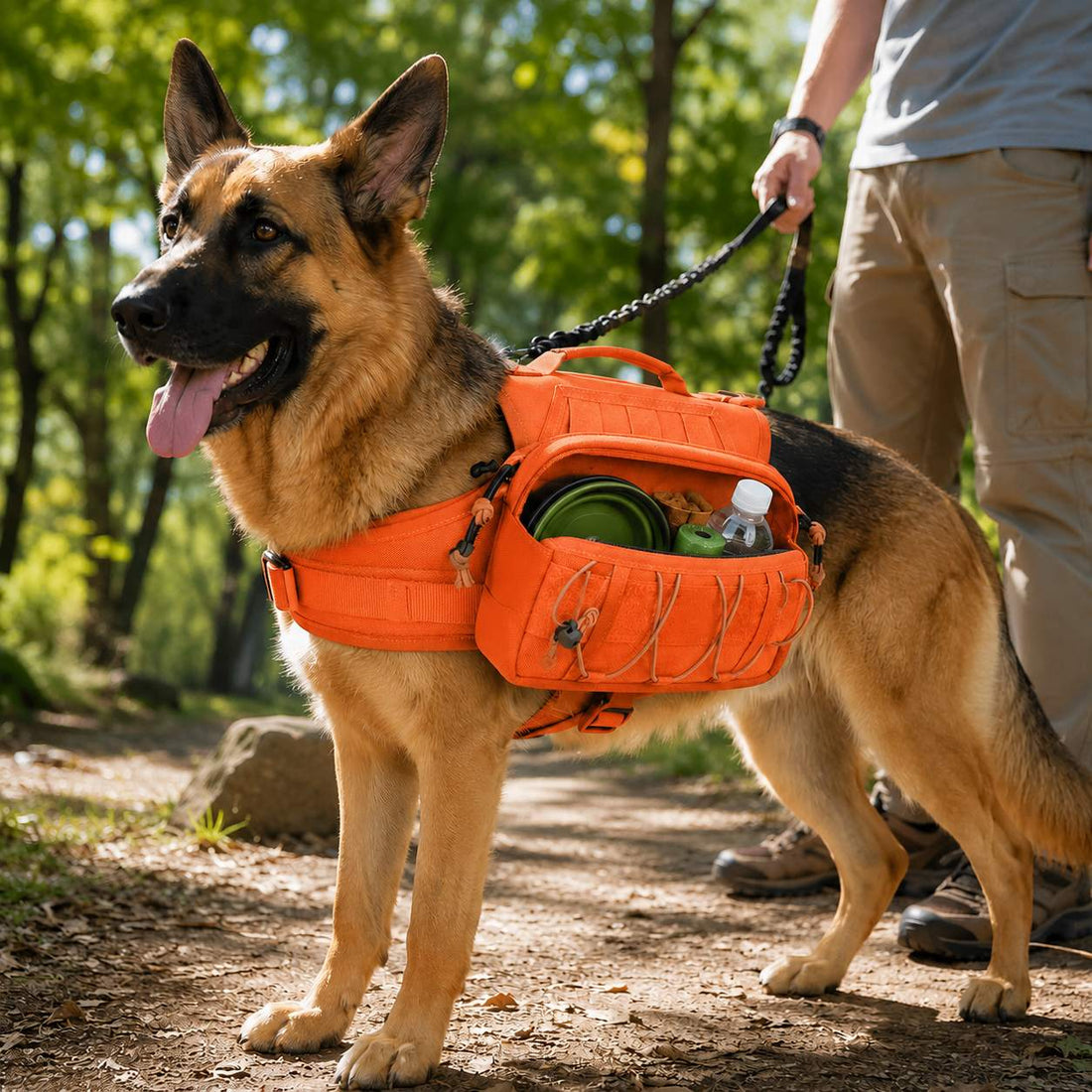 Orange tactical dog backpack harness color option with side pouches
