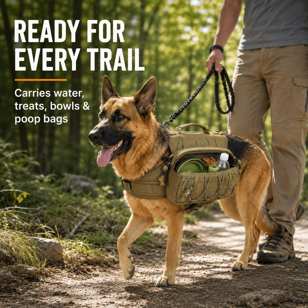 Dog wearing a tactical backpack harness on a hiking trail carrying water treats bowls and poop bags