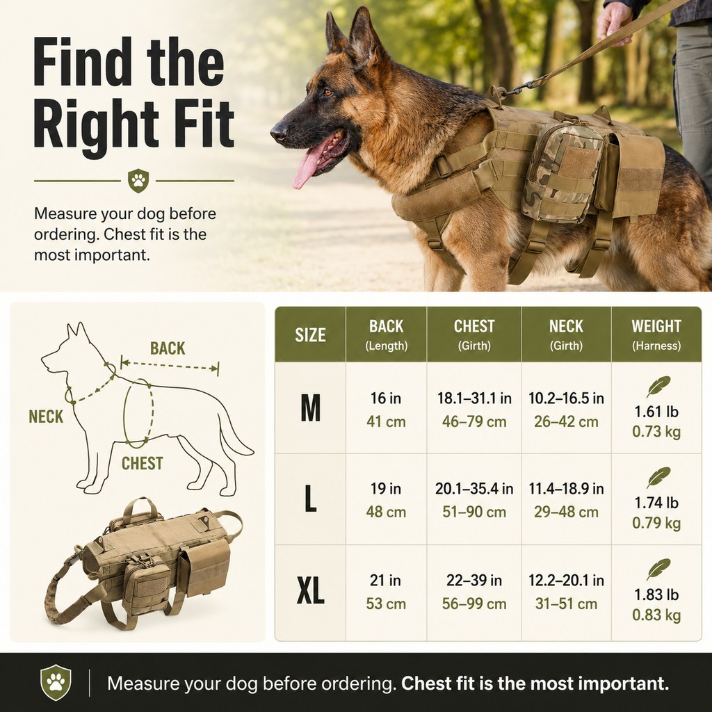 Tactical dog backpack harness size chart for chest neck back and harness weight
