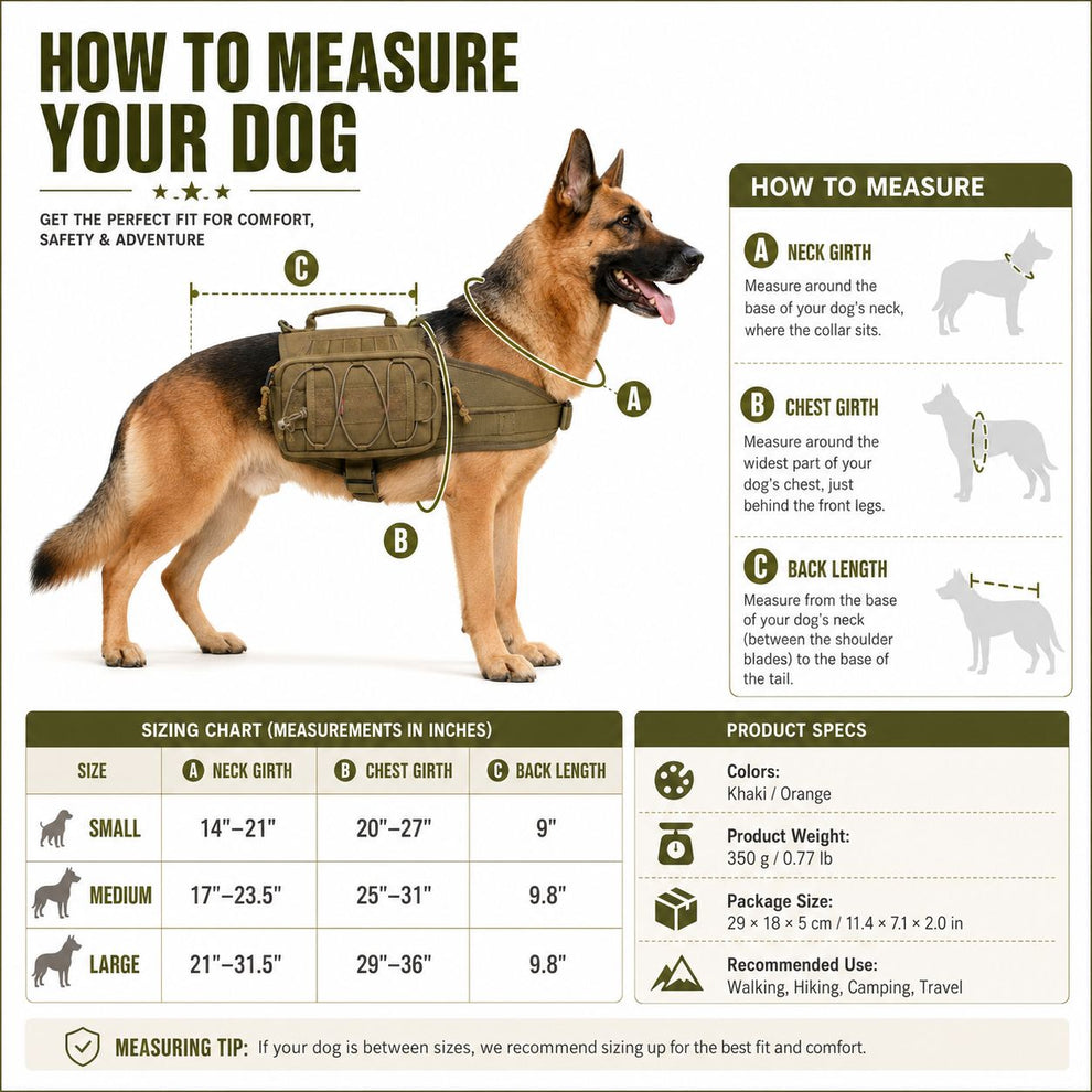 Dog backpack harness size guide and measuring chart