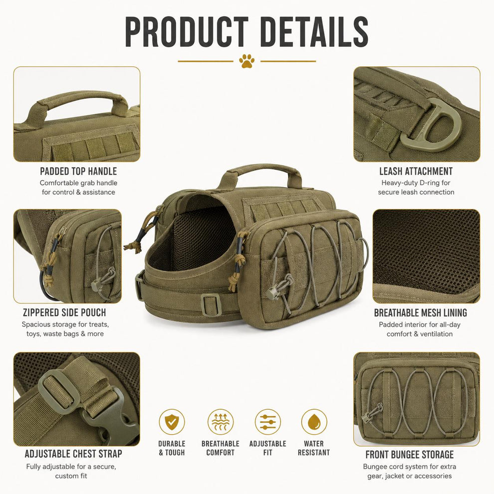 Tactical dog backpack harness for hiking camping and daily walks