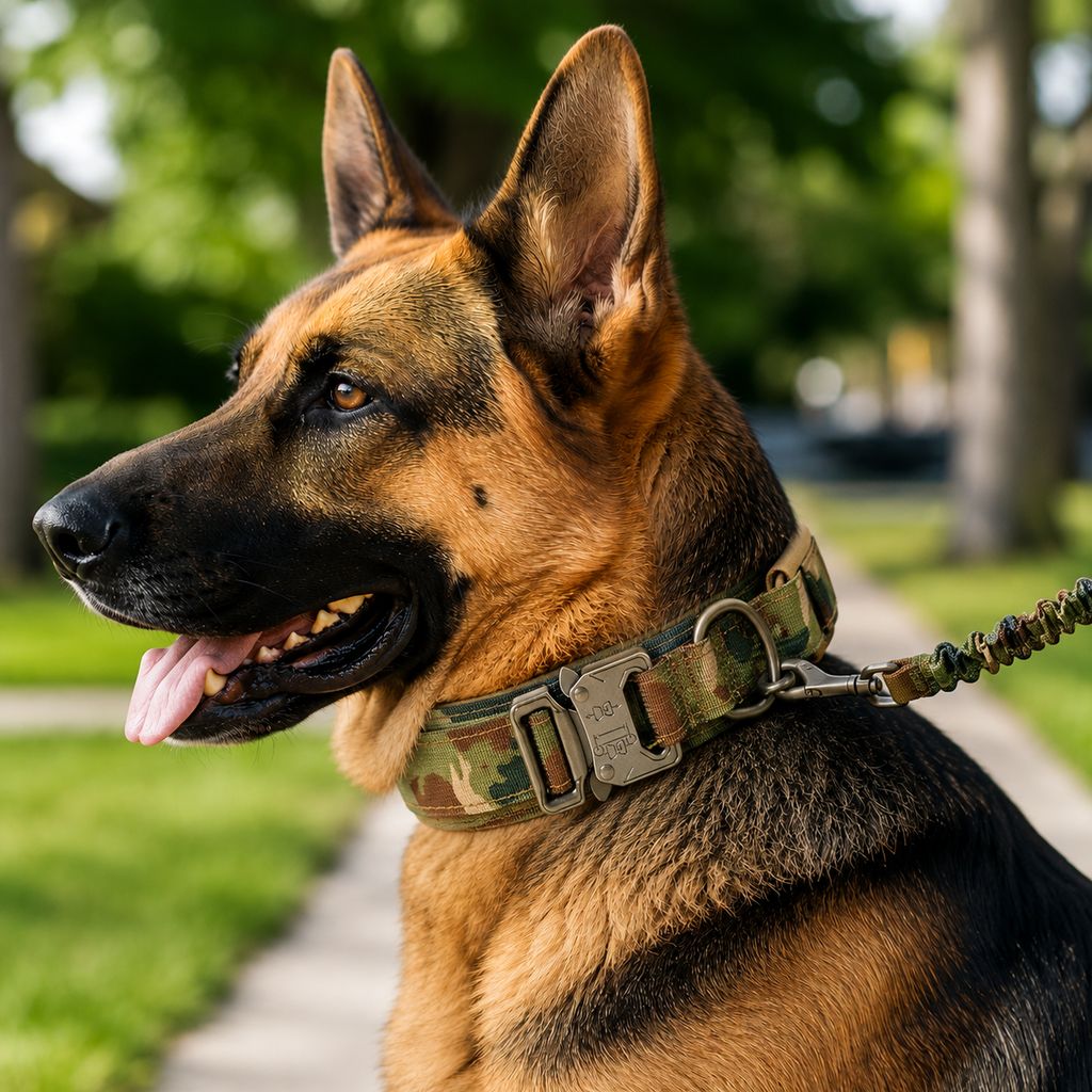 Camo tactical dog collar plus bungee leash set option