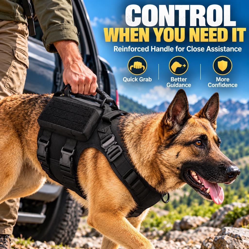 Reinforced control handle on a black tactical dog harness