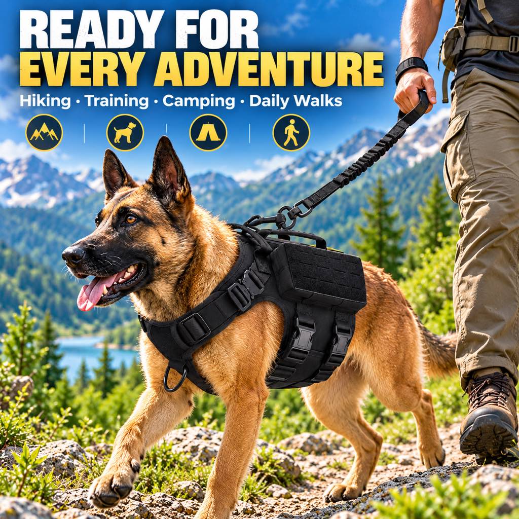 Black tactical dog harness on a large dog during an outdoor adventure