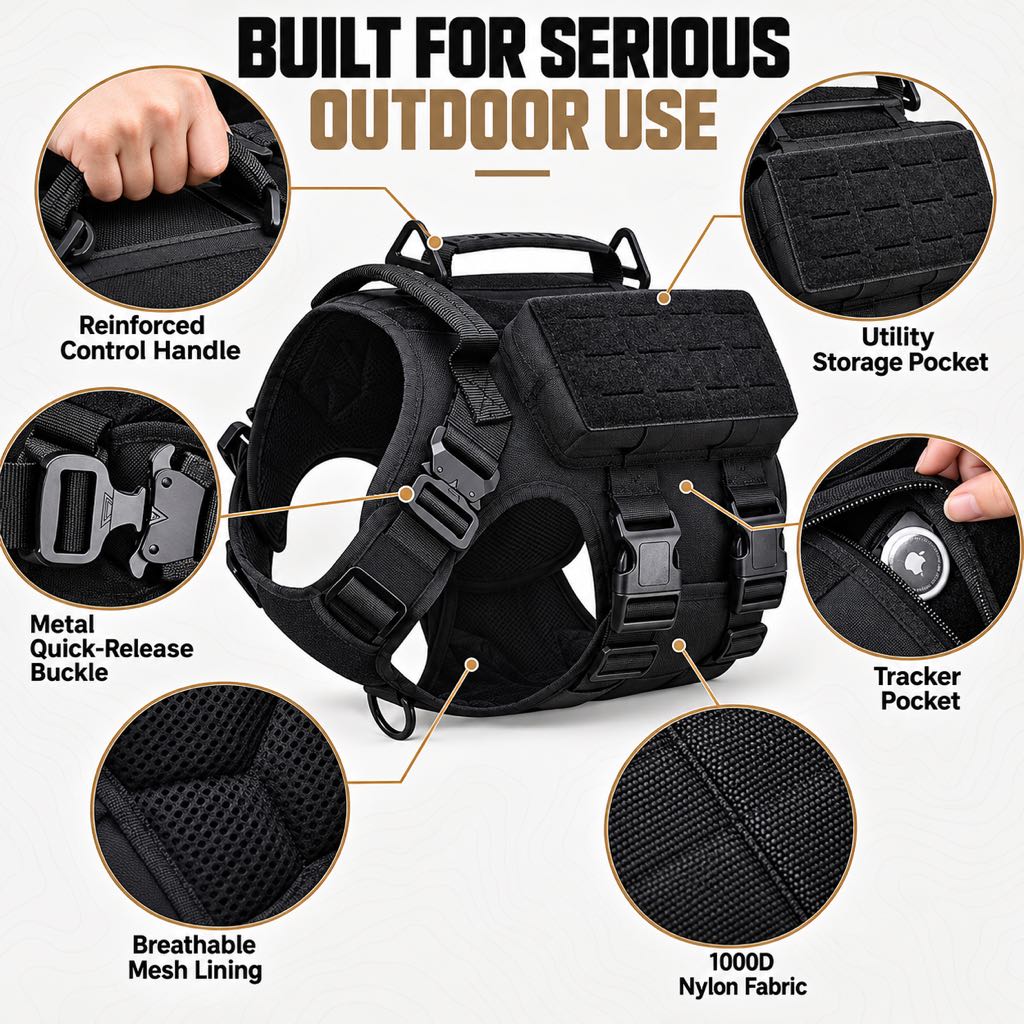 Reinforced control handle and utility storage pocket on a tactical dog harness