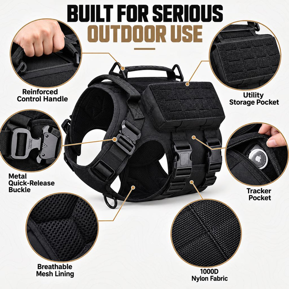 Reinforced control handle and utility storage pocket on a tactical dog harness