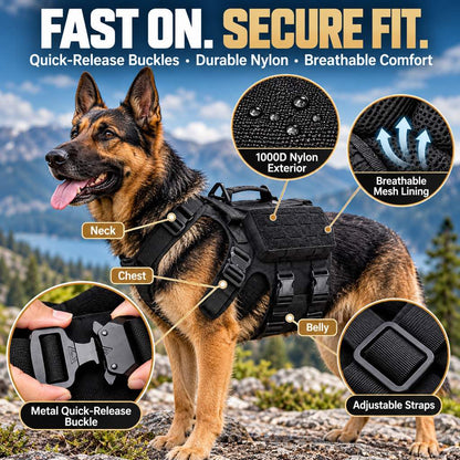 Quick-release buckle, breathable mesh and adjustable straps on a tactical dog harness