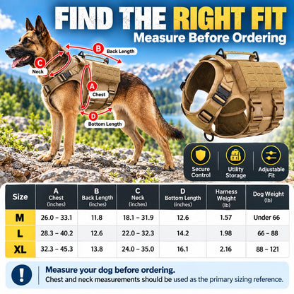 Tactical dog harness size chart for M L and XL