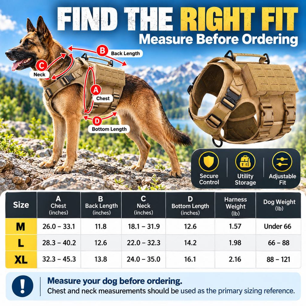 Tactical dog harness size chart for M L and XL