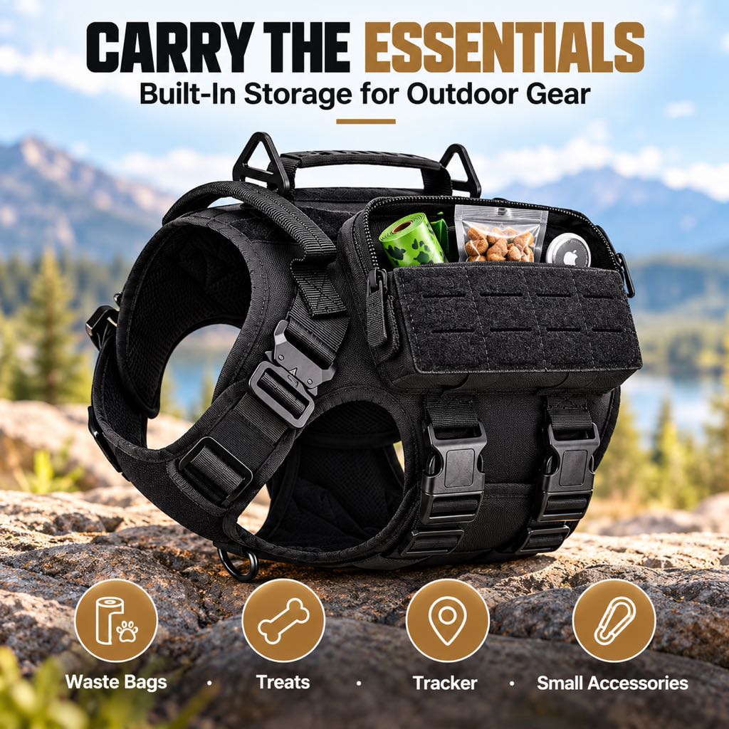 Utility storage pocket on a black tactical dog harness