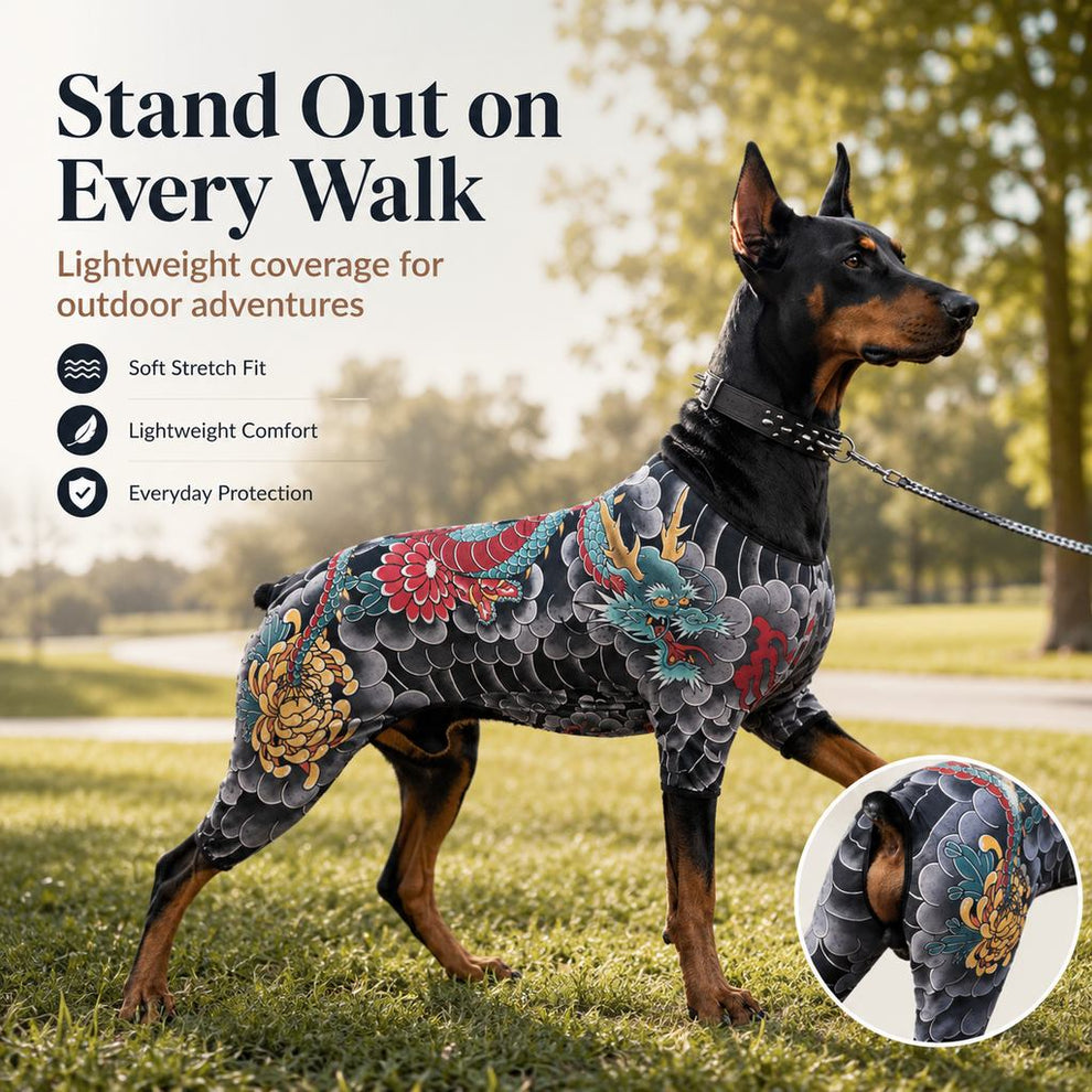 Paws in Awe Tattoo Print Dog & Cat Bodysuit for Walks & Photos - Soft Stretch Pet Onesie Helps Contain Loose Hair image 2
