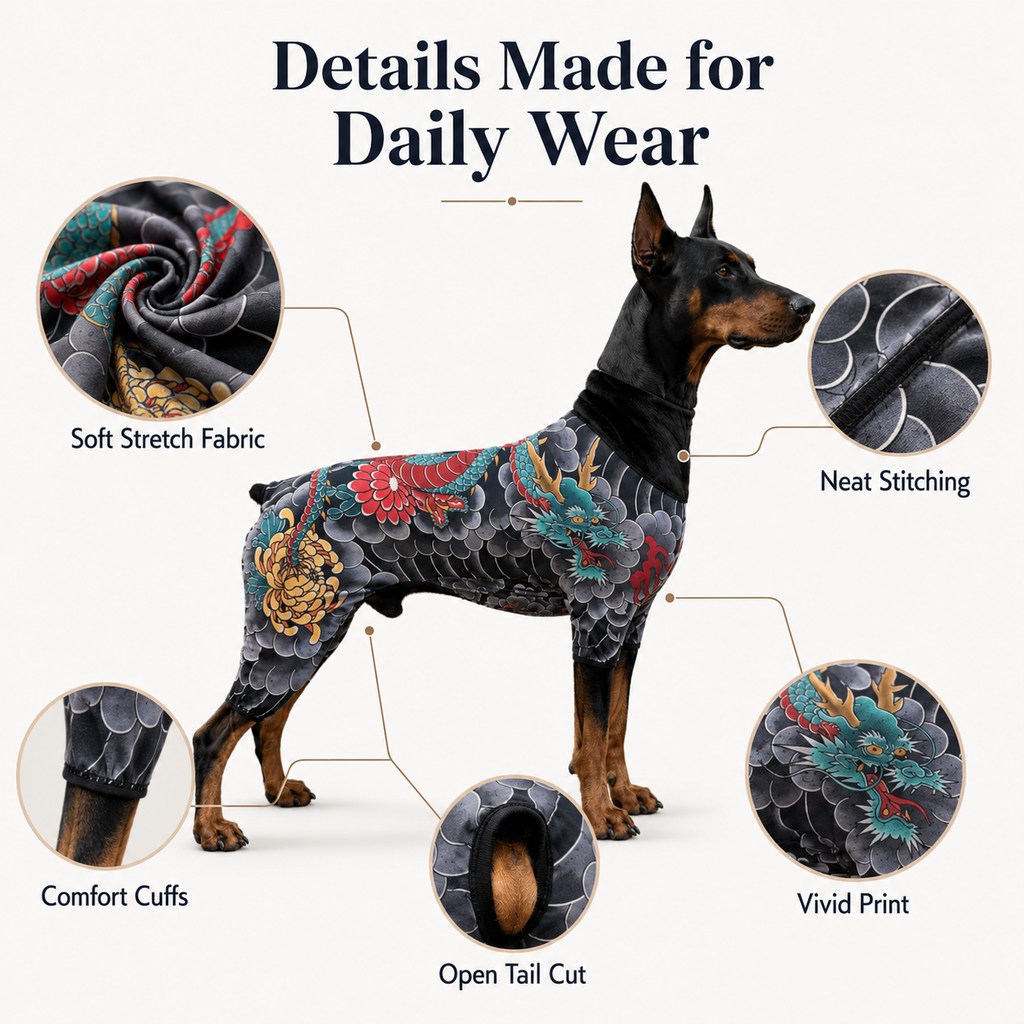 Paws in Awe Tattoo Print Dog & Cat Bodysuit for Walks & Photos - Soft Stretch Pet Onesie Helps Contain Loose Hair image 9