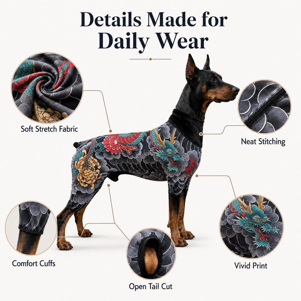 Paws in Awe Tattoo Print Dog & Cat Bodysuit for Walks & Photos - Soft Stretch Pet Onesie Helps Contain Loose Hair image 9