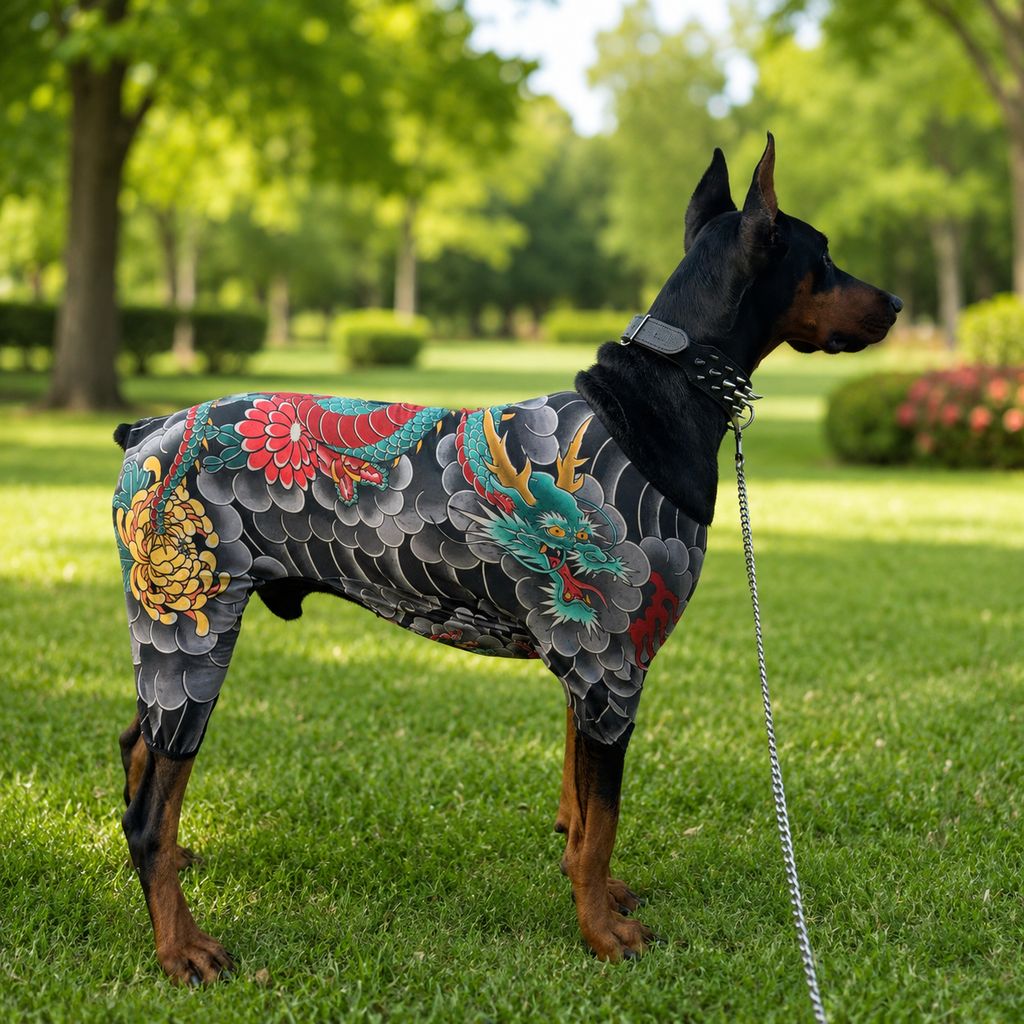 Paws in Awe Tattoo Print Dog & Cat Bodysuit for Walks & Photos - Soft Stretch Pet Onesie Helps Contain Loose Hair image 1