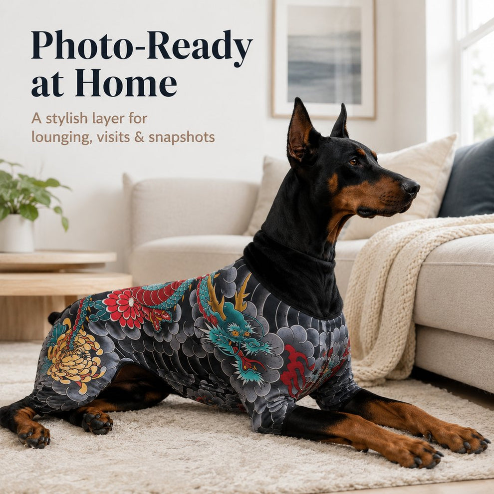 Paws in Awe Tattoo Print Dog & Cat Bodysuit for Walks & Photos - Soft Stretch Pet Onesie Helps Contain Loose Hair image 3