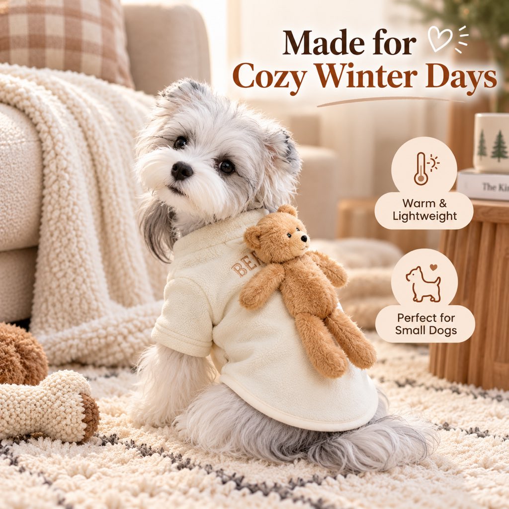Cream teddy bear fleece dog sweater shown in a cozy home setting