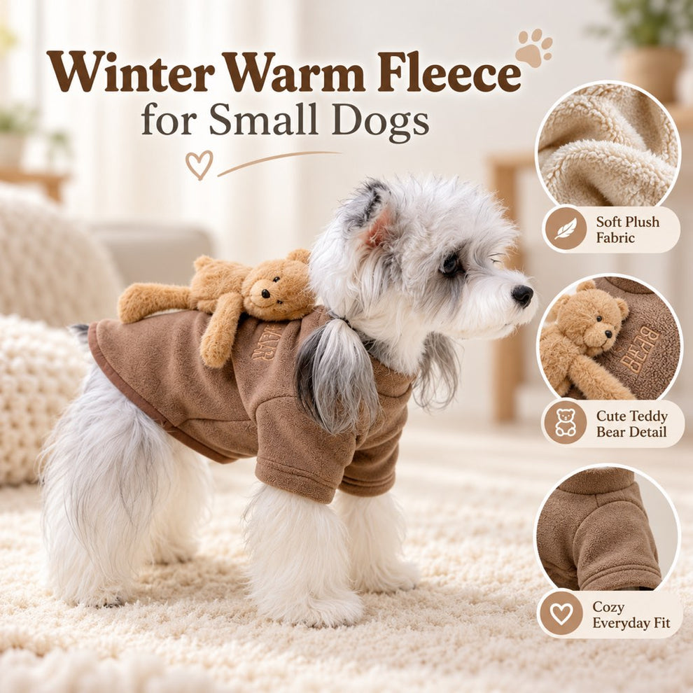 Coffee brown teddy bear fleece dog sweater feature overview