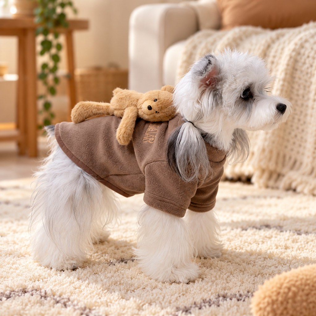Small dog wearing a coffee brown fleece pullover with a plush teddy bear accent