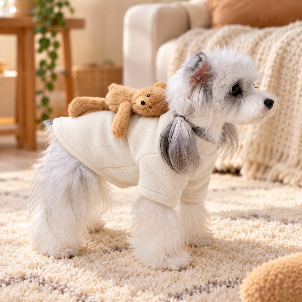 Small dog wearing a cream fleece winter sweater with teddy bear back detail