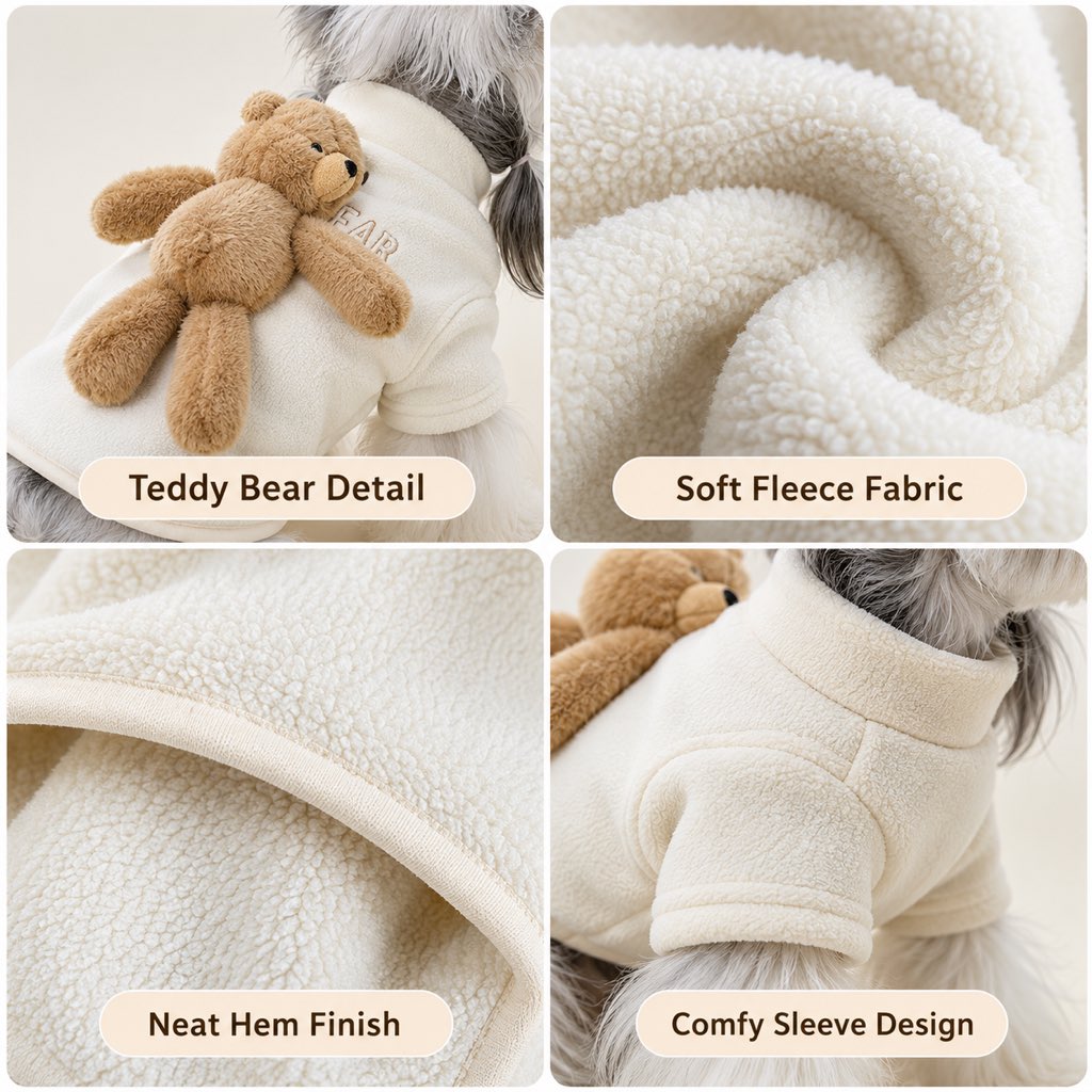 Cream fleece sweater teddy bear, fabric, hem, and sleeve details