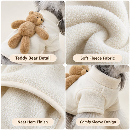 Cream fleece sweater teddy bear, fabric, hem, and sleeve details