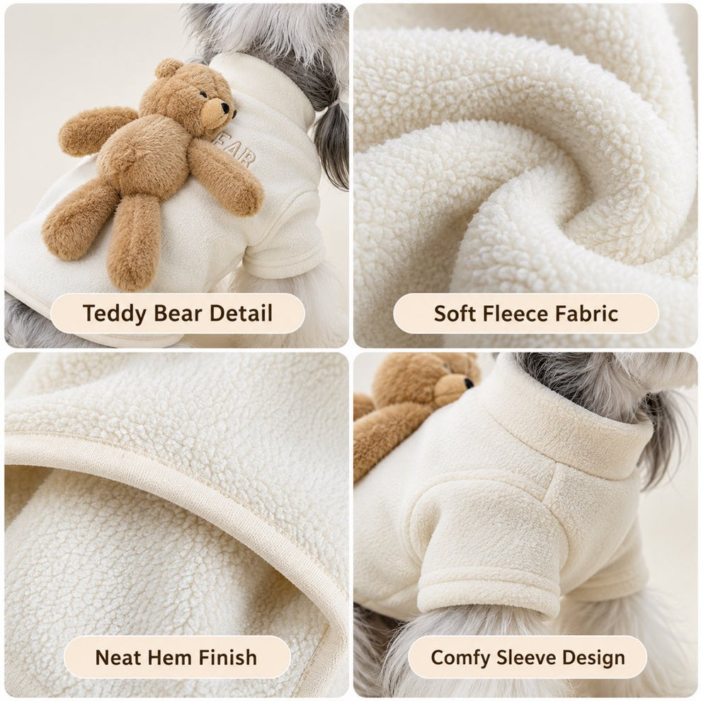 Cream fleece sweater teddy bear, fabric, hem, and sleeve details