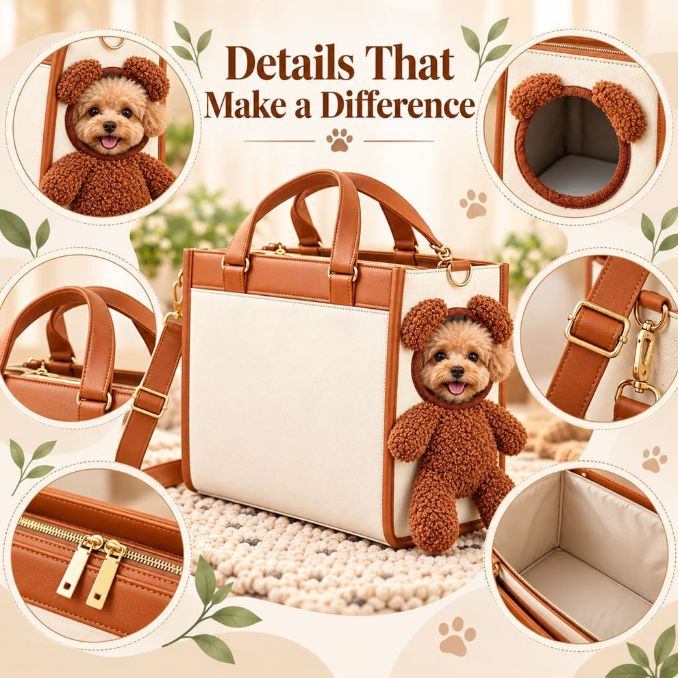 Teddy bear pet carrier tote design details including handles zipper and interior